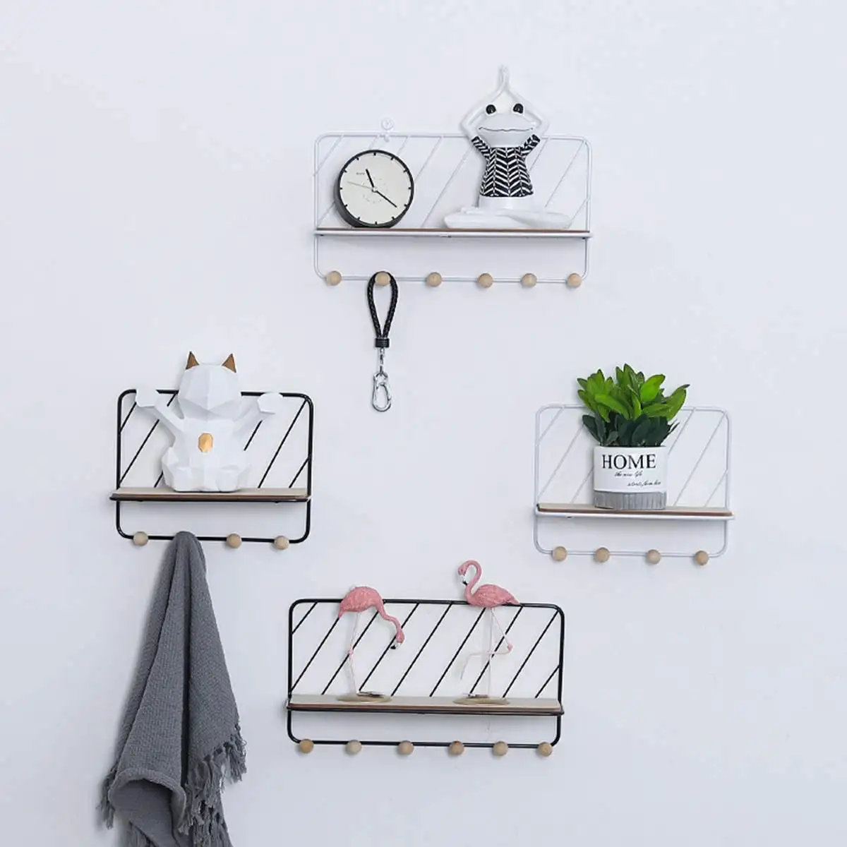 

Simple Nordic Wrought Iron Wooden Wall Shelf Ornaments S/L Wall Mounting Hanging Storage Rack Display Decor Housekeeper