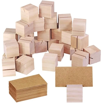

30 Sets of Wooden Table Card Holder Small Square Wooden Block Table Number Memo Clip Holder with Kraft Paper Table Card