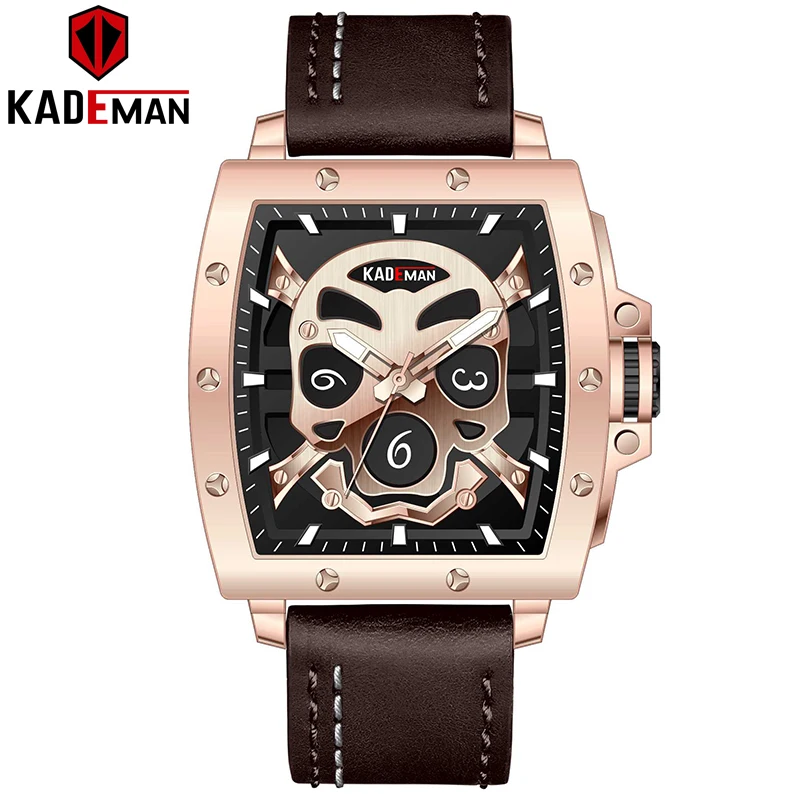 Новый бренд KADEMAN мужские часы с черепом Дизайн Винтажные повседневные из натуральной кожи водонепроницаемые кварцевые наручные часы Relogio