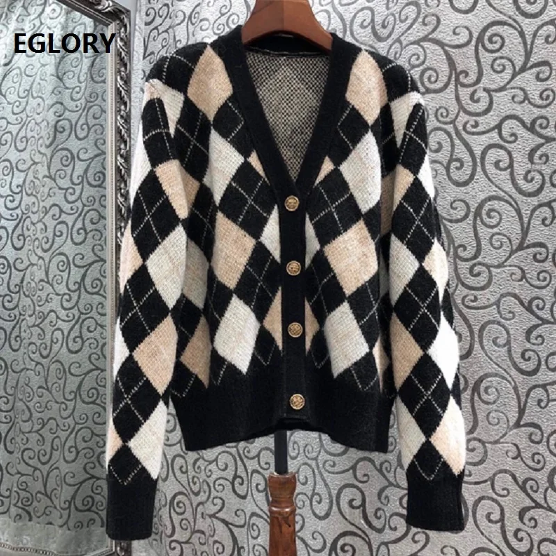 

2020 Autumn Winter Fashion Cardigan Jacket High Quality Tops Coat Women V-Neck Geometric Patterns Knitting Casual Cardigan Coat