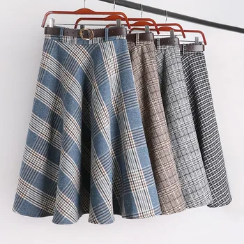 

Winter flexible elastic stretch high waisted midi a line warm thermal vintage plaid wool woollen skirt for women skirts saias