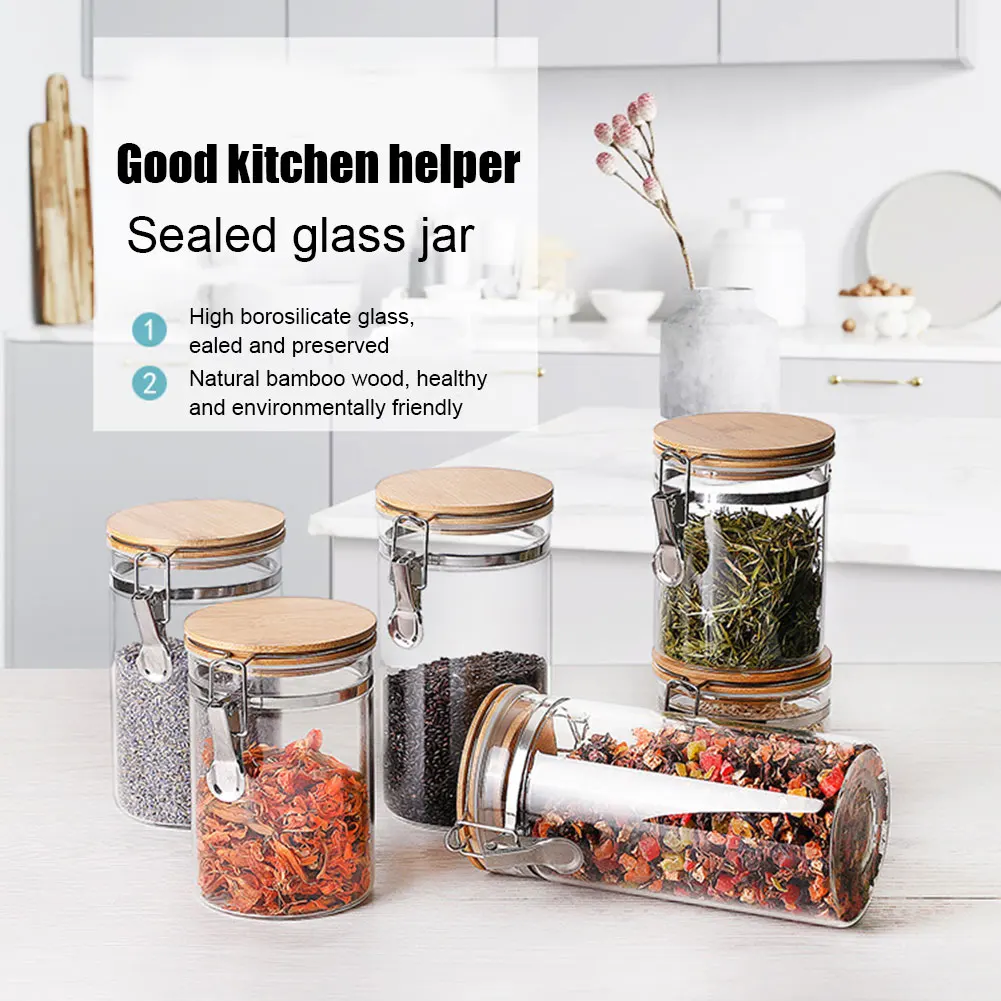 

1PCS Small Glass Bottles Glass Jar Coffee Tea Bean Sugar Salt Food Storage Container with Bamboo Lid Sealed Kitchen Accessories