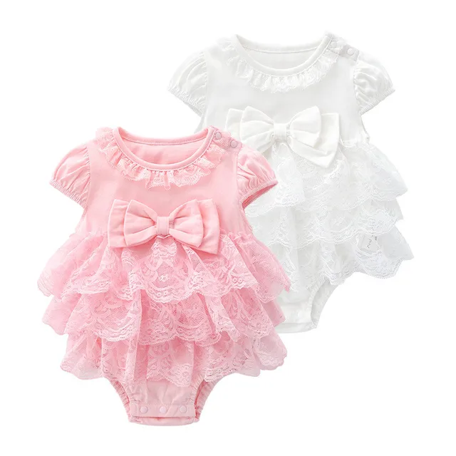 Cotton Bodysuit For Newborns Summer Short Sleeve Jumpsuit For Girls Lace New born 1st Birthday Party Clothes Twin Clothing 2023 1