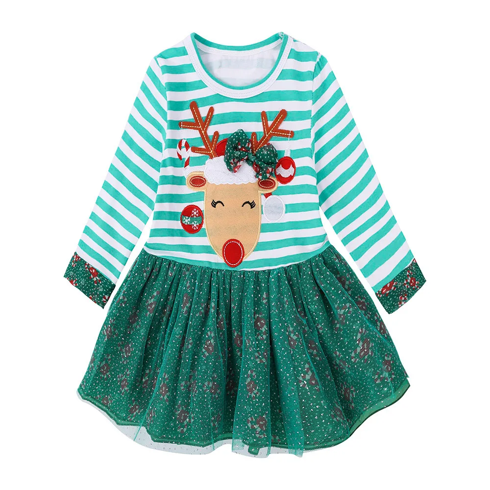 Рождественские наряды для маленьких девочек; Полосатое платье-пачка из тюля с длинными рукавами и рисунком Санта-Клауса для маленьких девочек; Комплект резинок для волос - Цвет: Зеленый