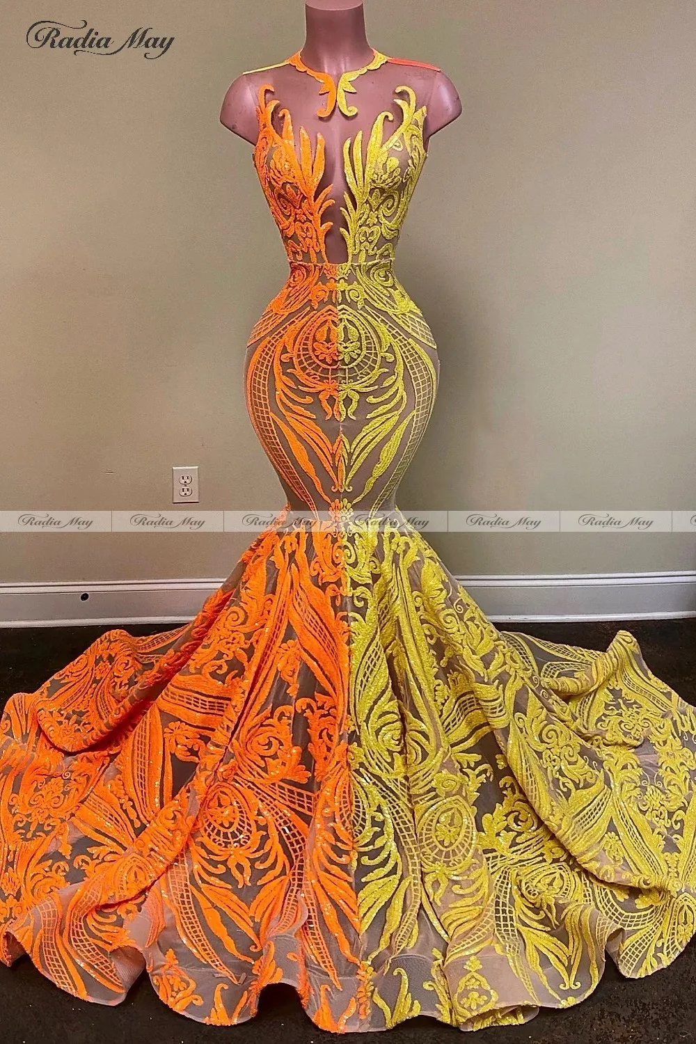 2022 Black Girl Long Mermaid Yellow Prom Dress with Sleeve Illusion