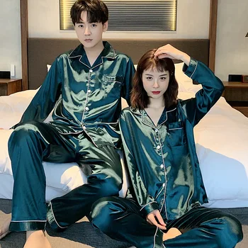 

2020 New Style Men Pajamas Spring And Autumn Silk Fabrics Long Sleeve Plus-sized Model Silk Pajamas Women's Summer Home Wear