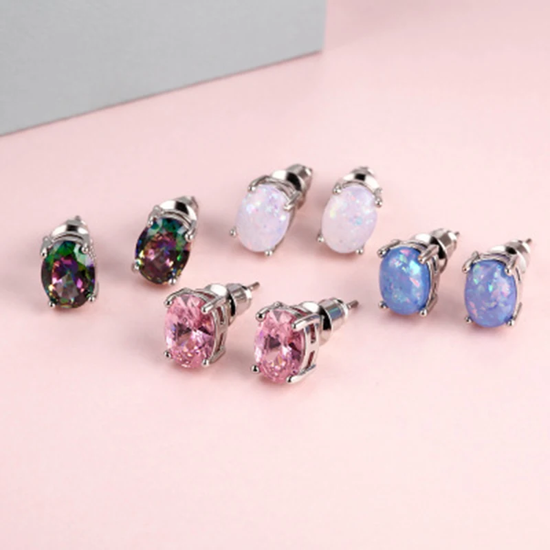 

Cute Small Oval Opal Stud Earrings Lovely Double Sided Earrings For Women Fine Jewelry
