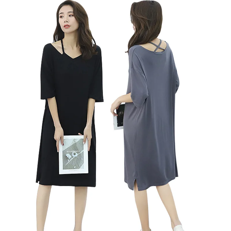 

Modal Short-sleeve Dress Women's Exposed Shoulder Backless Sexy Loose Slit Skirt V-neck Outer Wear Pajamas Skirt Medium-length D