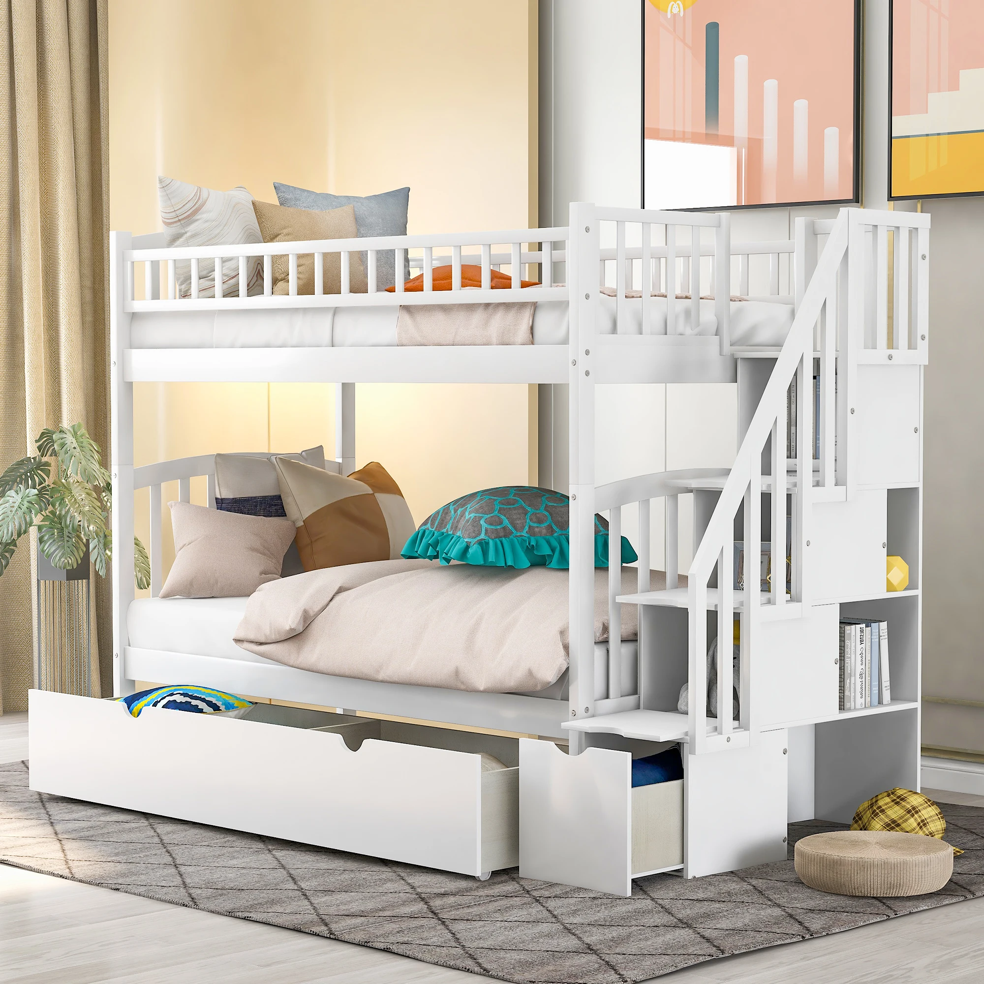 

Convertible Bunk Beds,Twin Over Twin Bunk Beds,Twin Over Full Bunk Beds w/Staircases & Drawers for Kids Teens Adults ,White/Grey