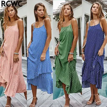 

RCWC women's dress summer autumn suspenders polka dot dress cotton dress bohemian ruffle holiday style vestidos