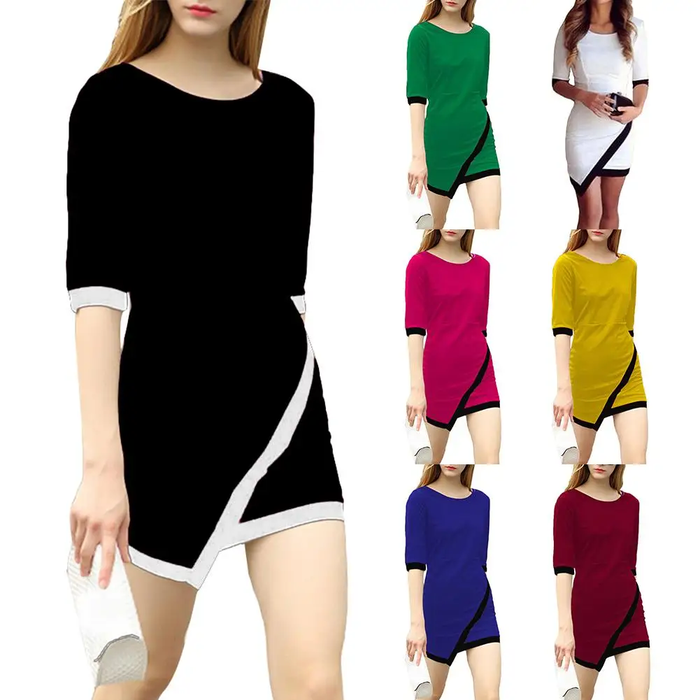 

New Summer Fashion Women Splicing Half Sleeve Round Neck Slim Bodycon Mini Dress
