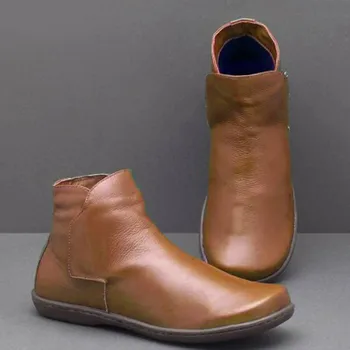 

Women PU Leather Flats boots Comfortable Round Toe Zipper Low-heeled Shoes Western Cowboy Ankle Booties European Ladies shoes