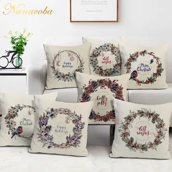 

Nanacoba Vintage Christmas Wreath Pillow Case New Year Party Throw Pillowcase Living Room Sofa Chair Home Decor Cushion Cover