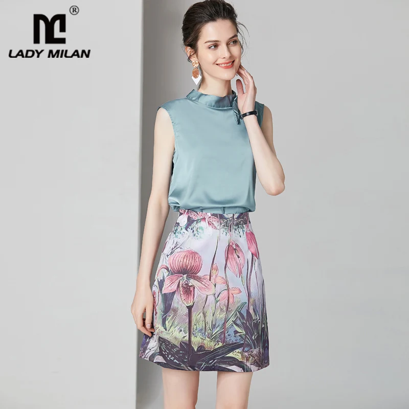 

Women's Runway Twinsets Bow Collar Sleeveless Blouse with Floral Printed Pencil Skirts Two Piece Dress Sets