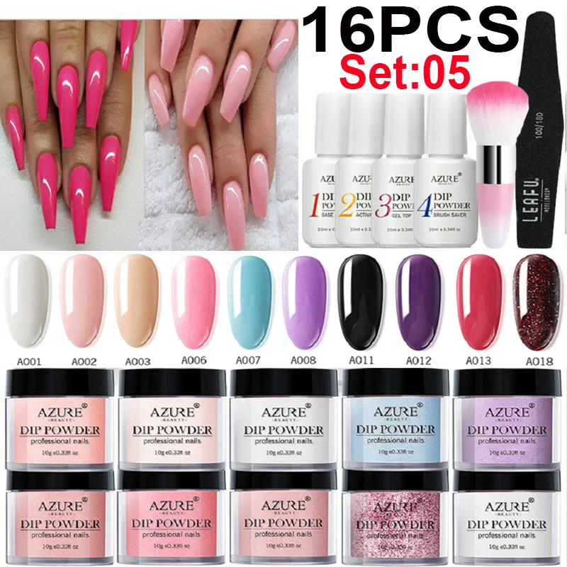 Azure Beauty 16Pcs/Lot Gradient Color Nail Powder Glitter Dipping Art Set Base Top Gel Activator Brush Saver Kits | Красота и