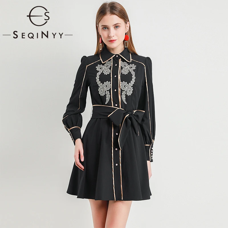 SEQINYY офисное женское платье Лето Весна модный дизайн женское платье с длинным рукавом винтажное Черное мини-платье с цветами