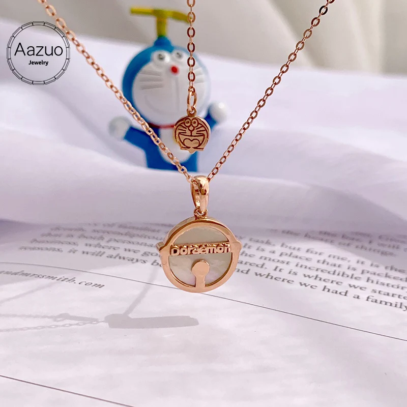 Aazuo Настоящее 18 К розовое золото натуральный белый MOP прекрасный Doraemon Ожерелье одаренное для женщин 18 дюймов звено цепи Au750