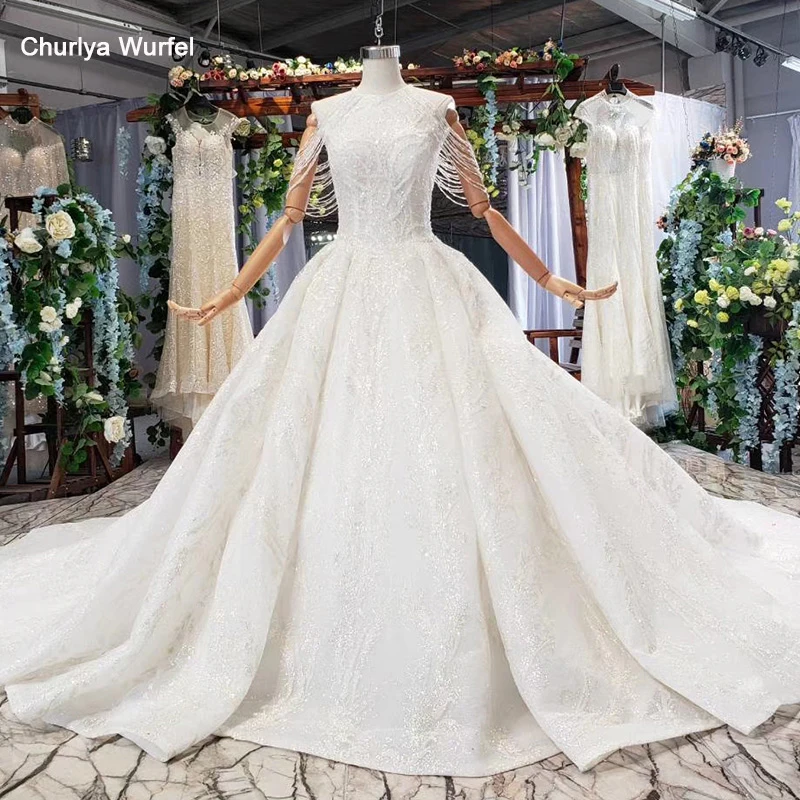 

HTL620 wedding gowns with long train sleeveless beading sequined zipper O-neck pleat wedding dress a line vestido de novia 2019