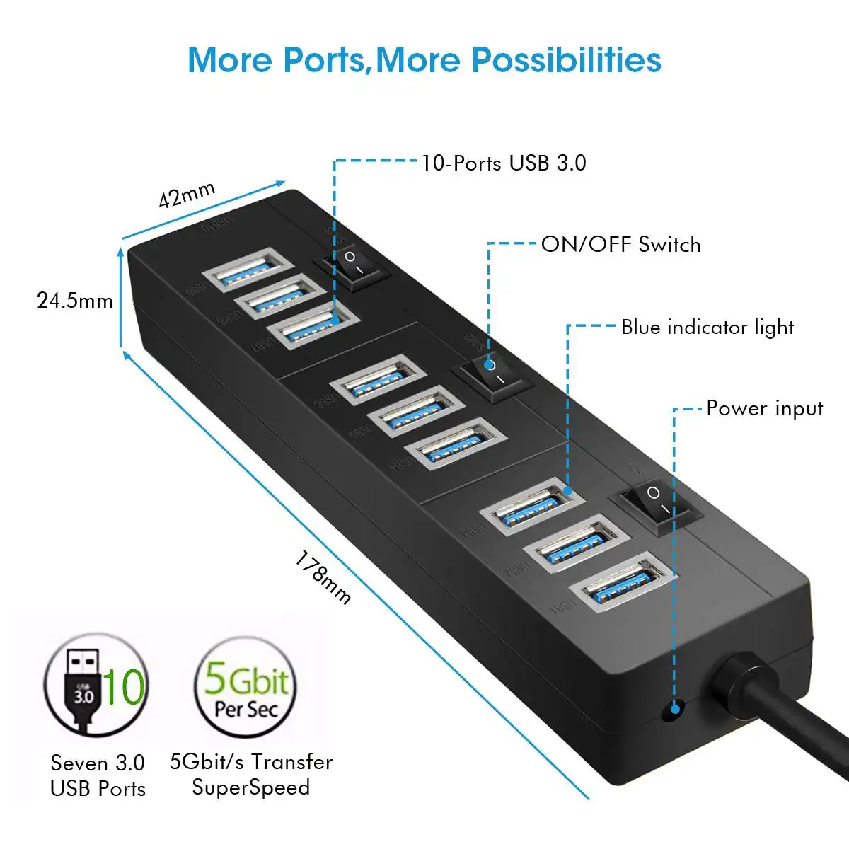 10 Порты и разъёмы 3,0 usb-хаб 5V 2A адаптер Зарядное устройство с переключателем внешнего Мульти USB разветвитель USB3.0 концентраторы для компьютера ПК ноутбук для мобильного телефона
