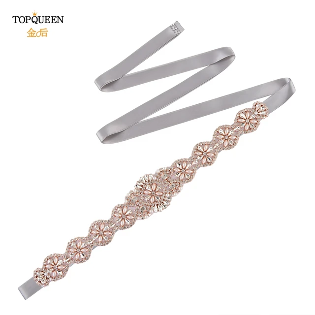 TOPQUEEN S161-RG Bridal Wedding Rose Gold Party Belts for Women Fashion Rhinestone Ribbon Fancy Sash Formal Prom Dress Belt Gray Ribbon
