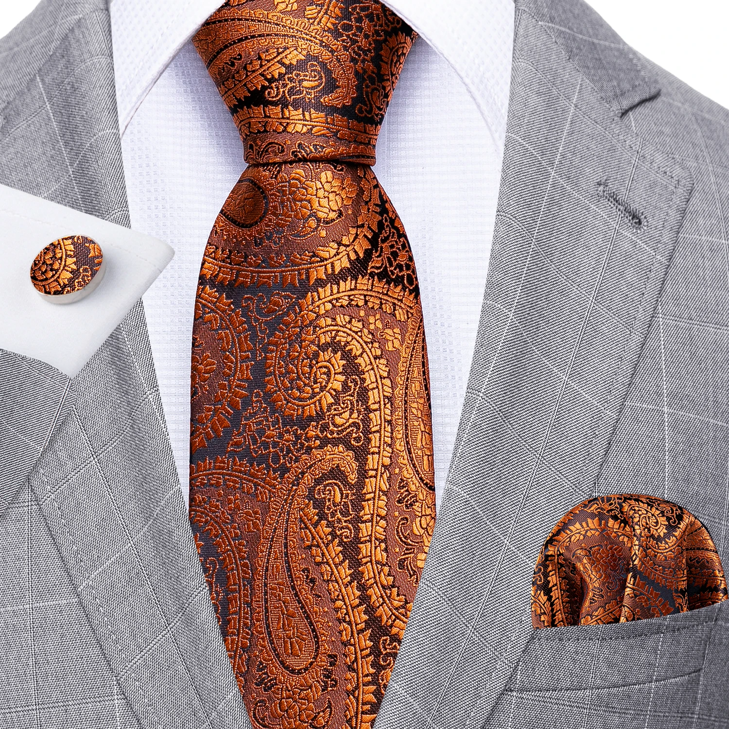

New Fashion Gold Paisley Men Tie Set 8.5cm Silk Jacquard Neckties Wedding Business Handkerchief Cufflink Tie Barry.Wang FA-5315
