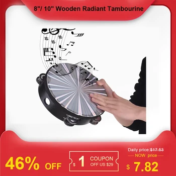 

8"/ 10" Wooden Radiant Tambourine Handbell Hand Drum with Double Row Jingles Reflective Drum Head Percussion Instrument Toy