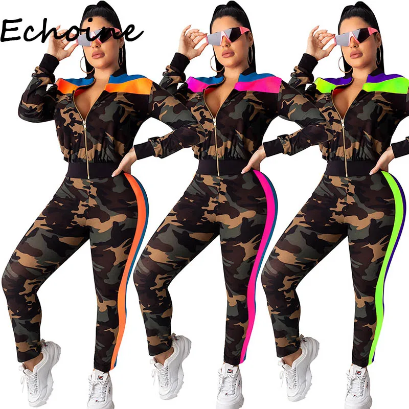 

Fashion Women Autumn Two Pieces Sweatshirt Color Patchwork With Zipper Tracksuit Women Set Top Pants Suit Plus Size 2XL