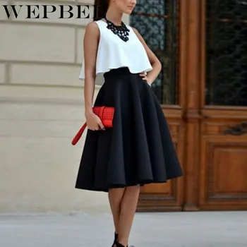 

WEPBEL Top Ladies Stretch Women Set Sexy Flared Knee Length Skater Skirt + Shirt Midi Office Work Skirt Dress