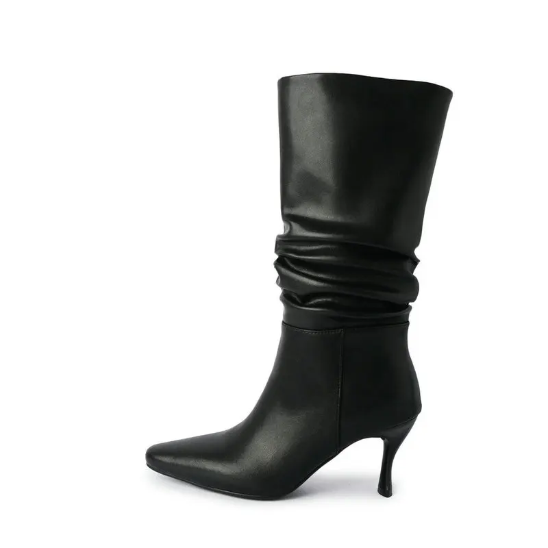 Folds Geuine Leather Knee Boots Women 