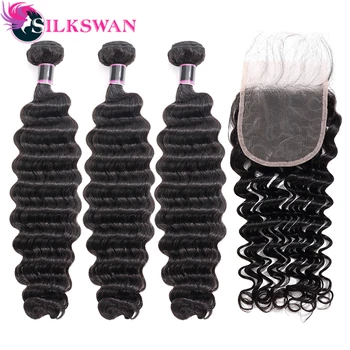 

Deep Wave Bundles with Closure 4Pcs/lot Silkswan Brazilian Human Remy Hair Brown Swiss Lace 4x4 Top Closure 22 24 26 Inches