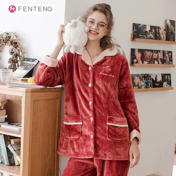 

FENTENG Spring Pajamas Long Sleeves Tops Pants 2PCS Soft Homewear Pyjamas Pocket Letter Casual Sleepwear Female J98040432