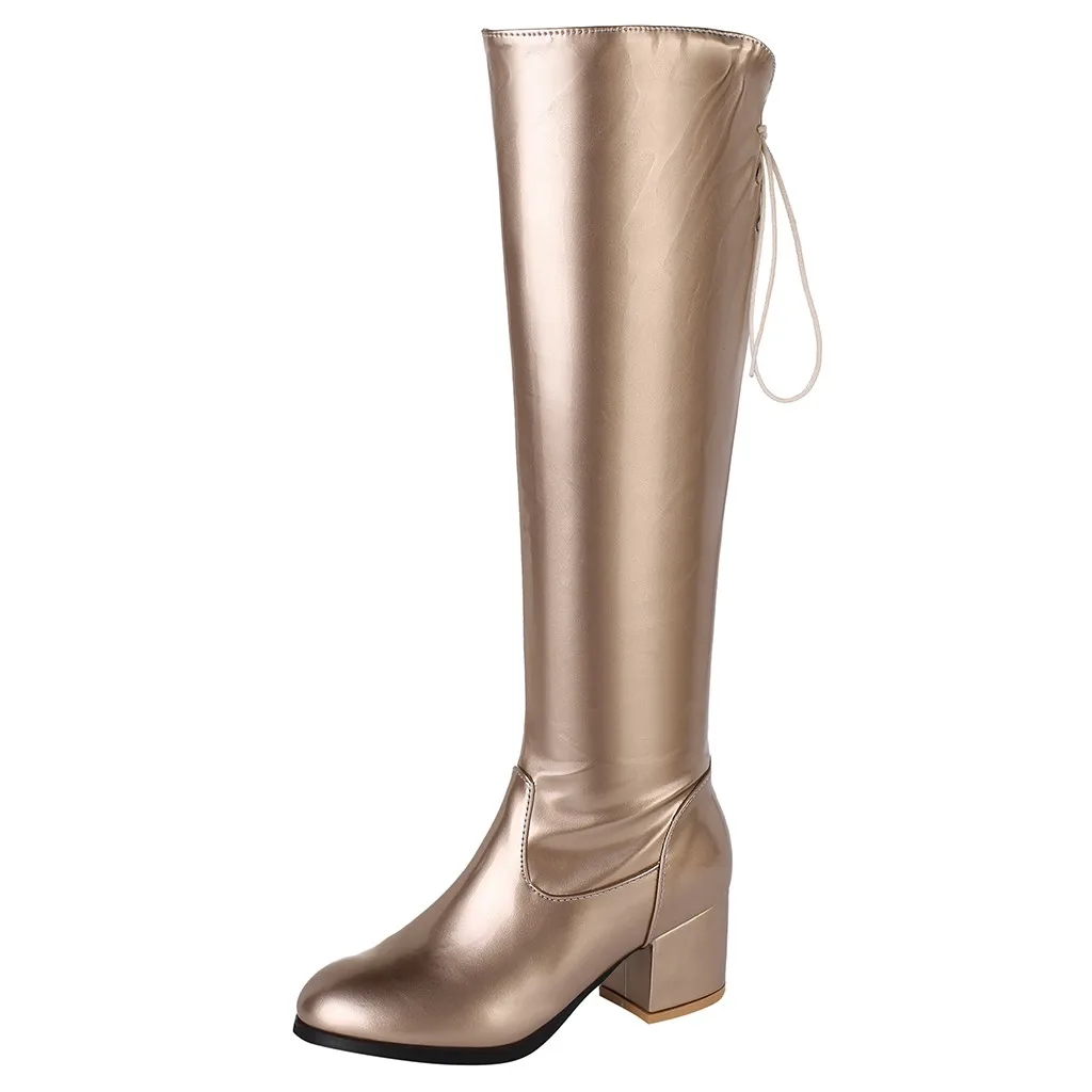 Женская обувь; модные зимние ботильоны на высоком каблуке; женские повседневные однотонные ботинки золотистого цвета с боковой молнией и шнуровкой; Zapatos De Mujer;