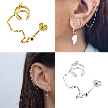 

ZEMO 925 Sterling Silver Chain Ear Cuff & Studs Gold Color Clip Earring With One Hole Ear Piercing Fake Cartilage Jewelry Women