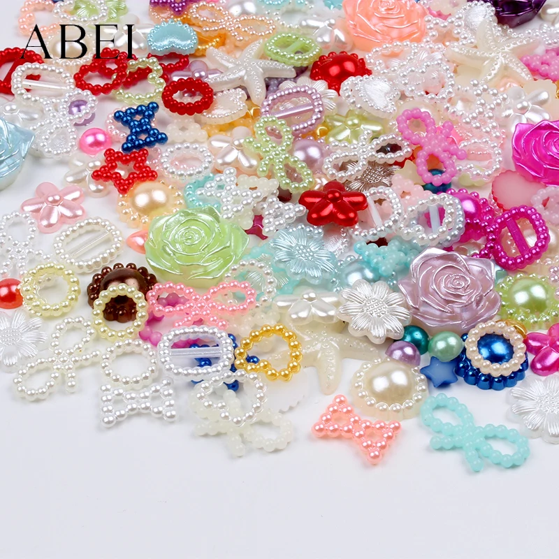 

200pcs 6-20mm Random Styles Mix Colors Flat Back ABS Beads Imitation pearls Flower Heart Half Round Bow Star Bead