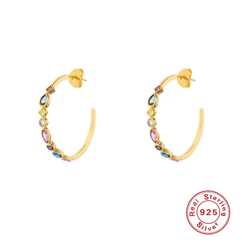 BOAKO 925 Sterling Silver Colorful Crystal Circle Hoop Earring Rainbow Zircon C Shape Piercing Earring Women Luxury Jewelry Gift