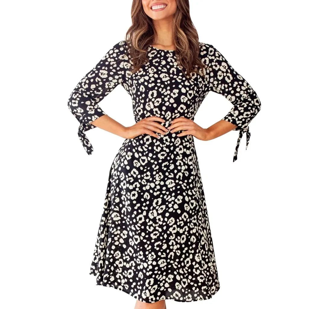 

Dress Women Spring Autumn Long Sleeve Boho Dress Round Neck Leopard Printing Loose Casual Long Ladies Dresses Robe Femme