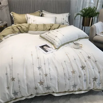 

Simple Solid Color 60 Double-Sided Tencel Four-piece Set Star Embroidered Silky Bare Sleeping Quilt Cover Sheet-Bedding Article