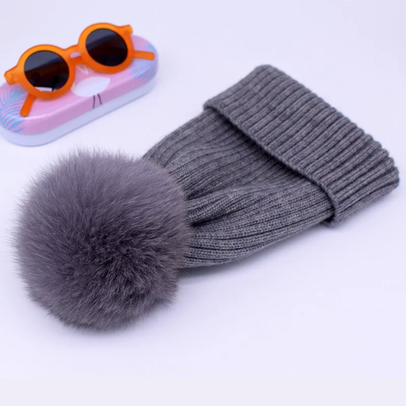 wool gray fox fur Новинка, зимняя шапка, роскошные качественные шапки с меховым помпоном, шапка высокого качества для девочек, женские зимние шапки - Цвет: wool gray fox fur