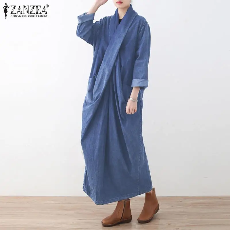 ZANZEA Осенняя женская джинсовая Длинное Макси платье с длинным рукавом vestidos с поясом элегантный женский сарафан Хлопковое платье с разрезом Femme