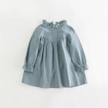 

2019 NEW Autumn Quality Long Sleeve Cotton Linen Children Sweet Pink Green Color Baby Children Kids Girls Dress Cute Clothes