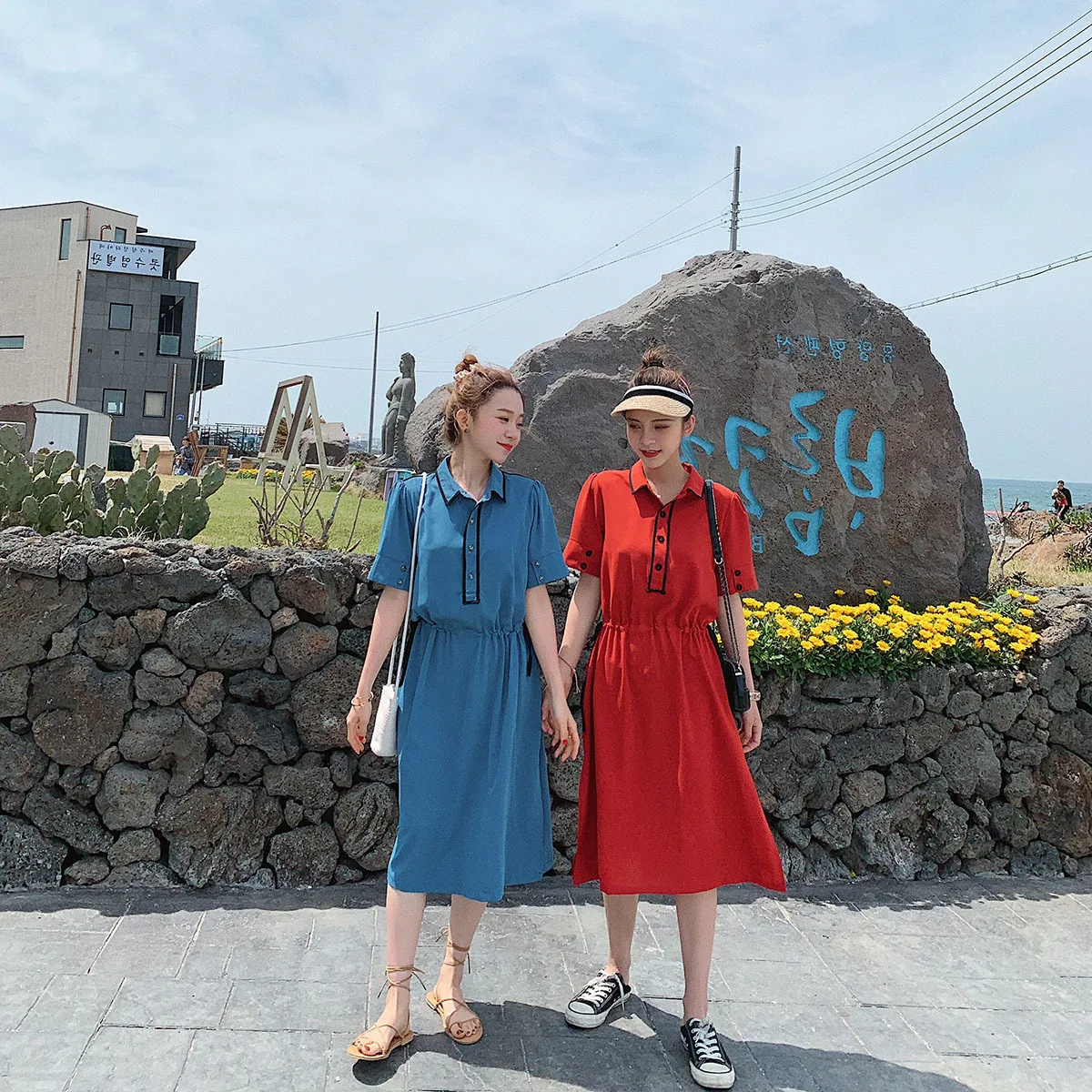 

Photo Shoot Short Sleeve Chiffon Contrast Color Dress Women's Summer 2019 New Style Loose-Fit High-waisted Mid-length Elegant Dr