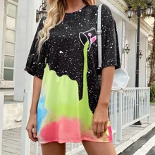 

2022 Spring Women's Clothing Star Milk Cup Round Neck Print Large Loose Leisure Travel Short Sleeve T-shirt Tops Femininas Tees
