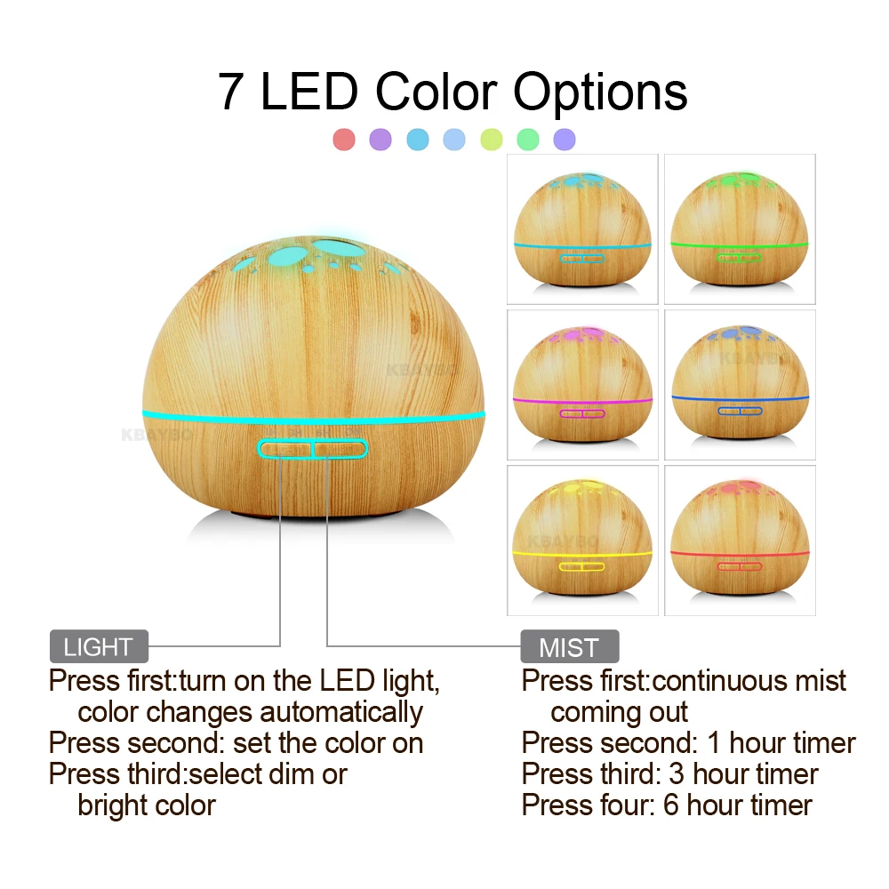 KBAYBO 300ml Electric air purification processor ultrasonic aromatherapy essential oil humidifier with 7 colors LED lights home