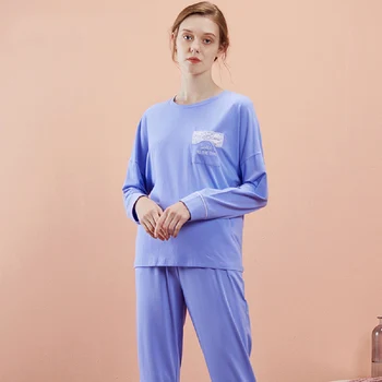 

Fall 2020 New Printed Ladies Pajamas Pullover Round Neck Pijamas Women Cotton Fashion Atmosphere Home Suit Women Pajama Set