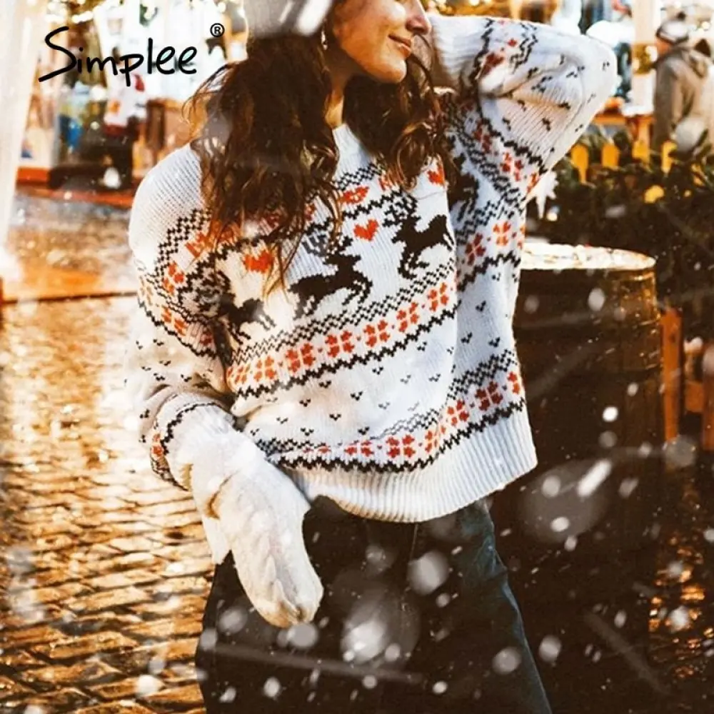 Ladies Sweater Simplee Knitted Long-Sleeve Deer Print Women Pullover Winter Fashion Chic