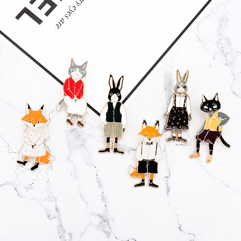 ##BUY 6pcs set Animal Pin Set Rabbit Fox Cat Enamel Pin Brooches Hat Backpack Jacket Shirt Pins Badge Couple Jewelry Gift for Lovers