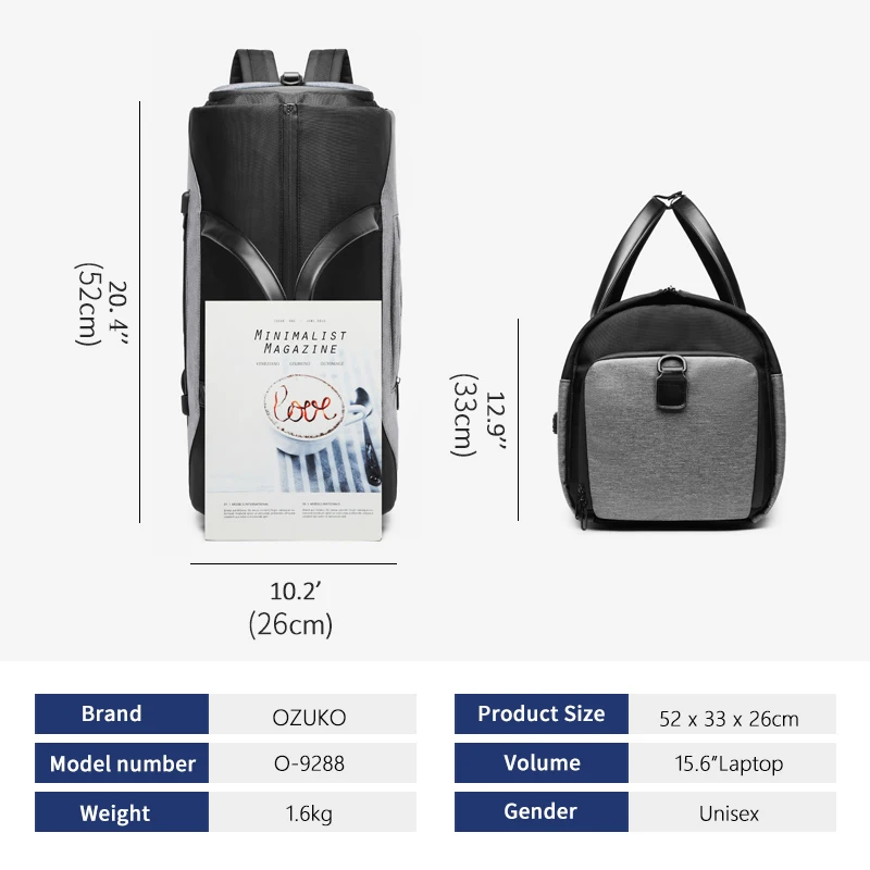 Ozuko Multifunctional Men's Travel Duffel Bag With Shoe Pocket_voghion.com