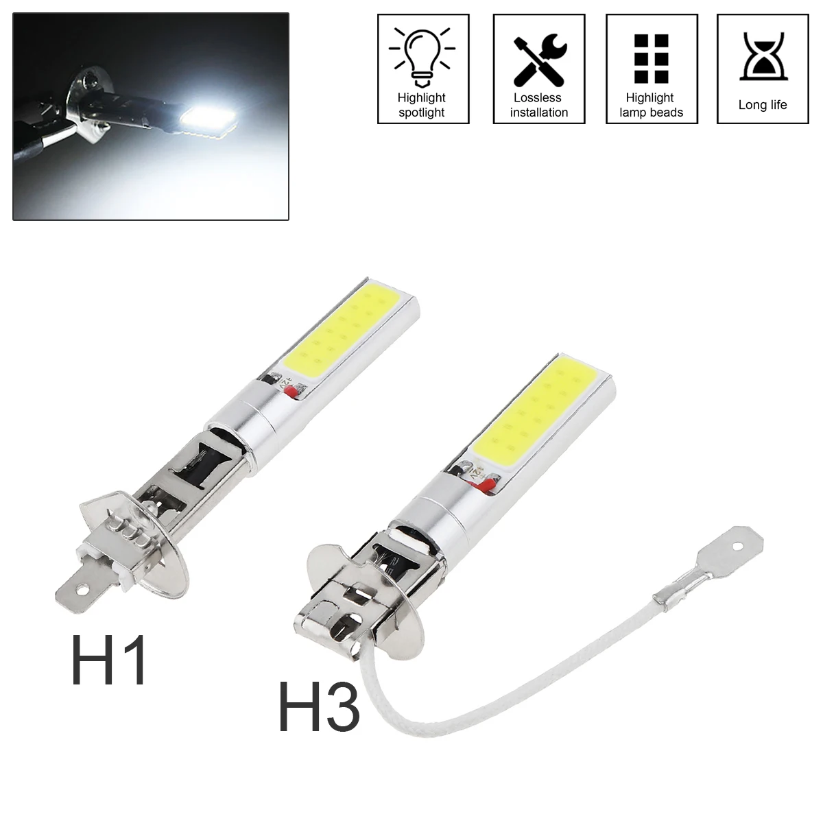 1PCS H1 / H3 Canbus Super Bright LED Bulb Car Fog Light Headlight COB 12V 20W 6000K Running Light Auto Motorcycle Lamp