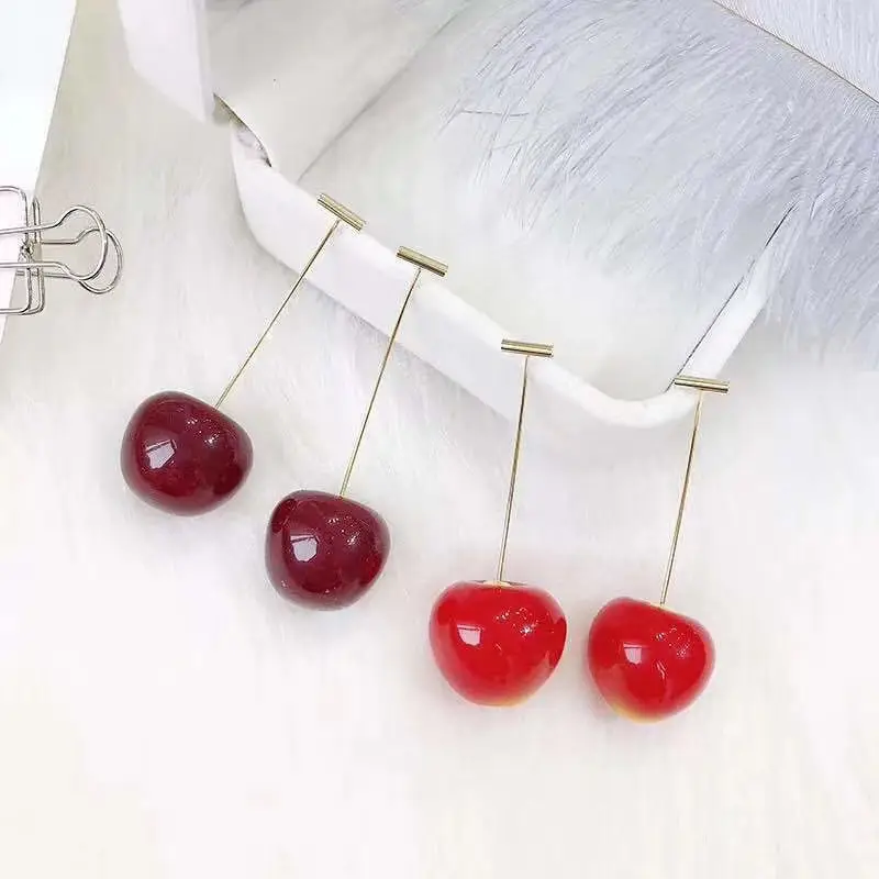 Новые модные серьги с красными вишнями и золотыми милыми фруктами длинные