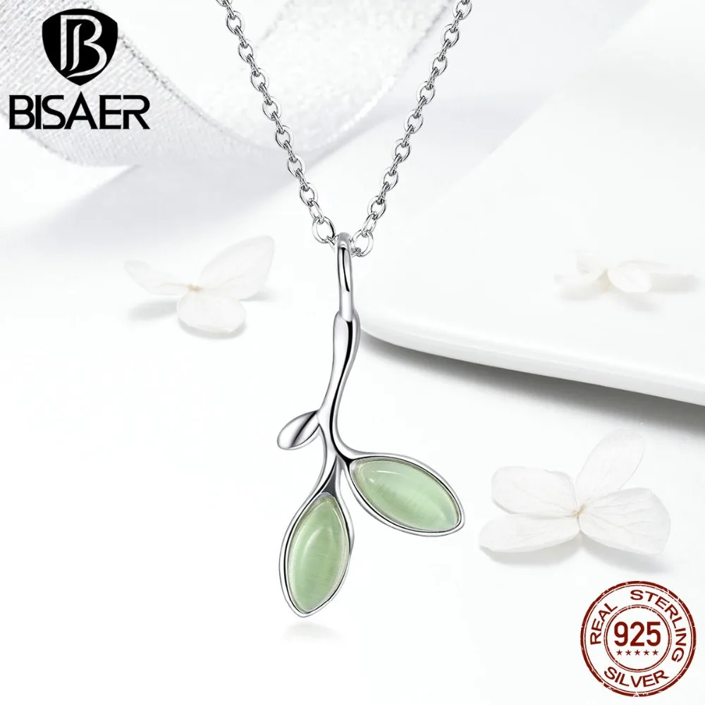 BISAER, Горячая 925 пробы, серебряный, Зеленый бутон, опал, камень, лист, подвеска, ожерелье для женщин, свадебные украшения, подарок для девочек и детей, GXN302